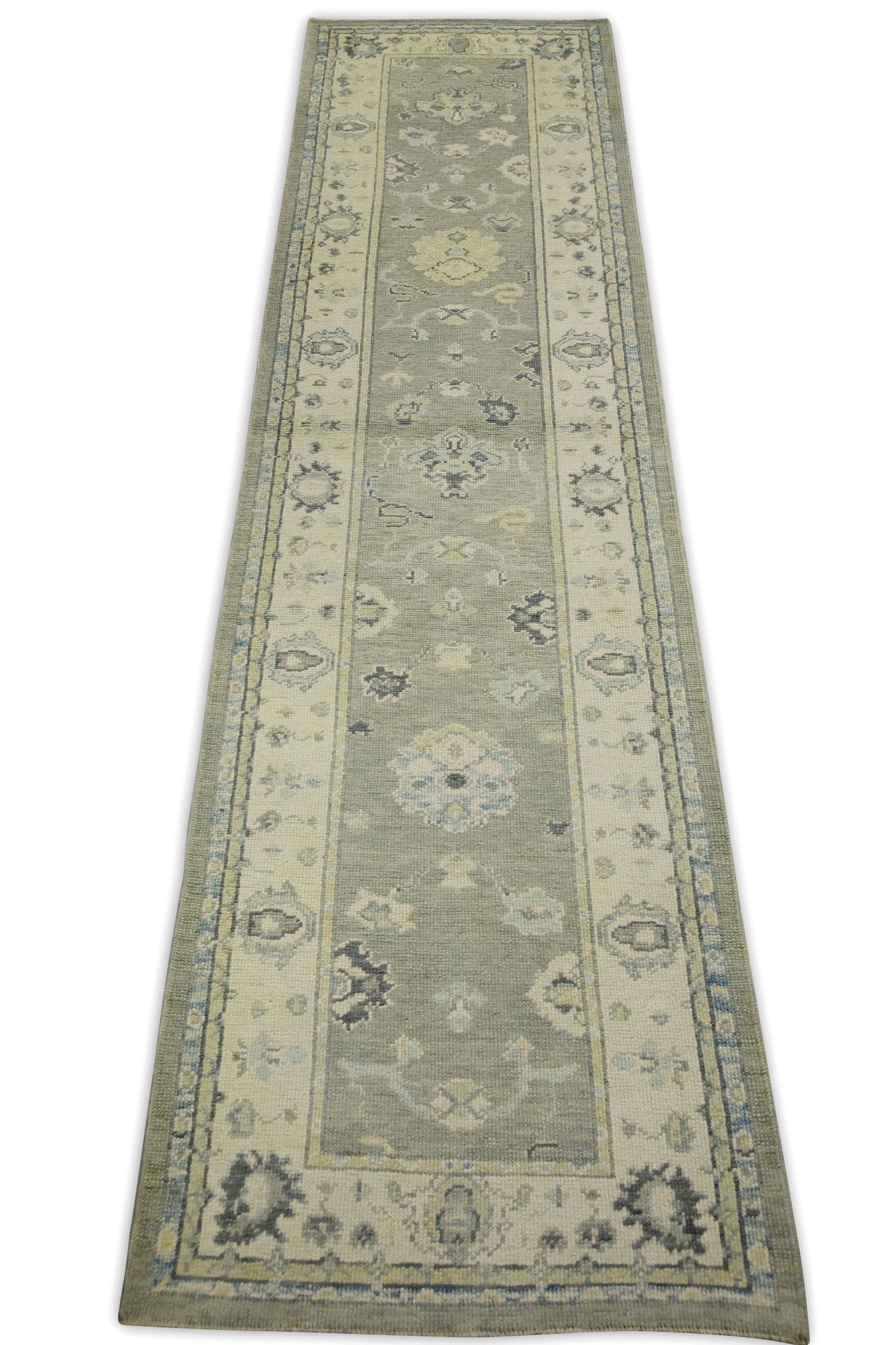 Contemporary Green Floral Design Handwoven Wool Turkish Oushak Runner For Sale