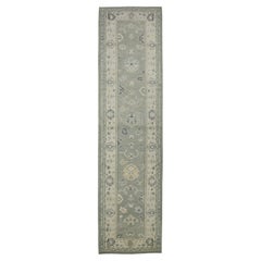 Green Floral Design Handwoven Wool Turkish Oushak Runner