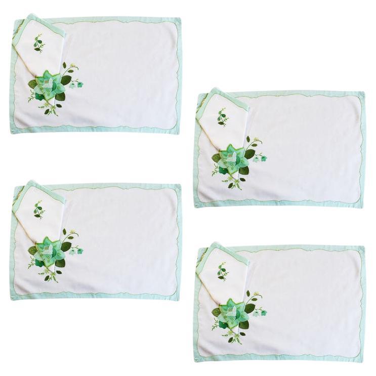 Green Floral Fabric Placemats and Napkins, Set of 4 For Sale