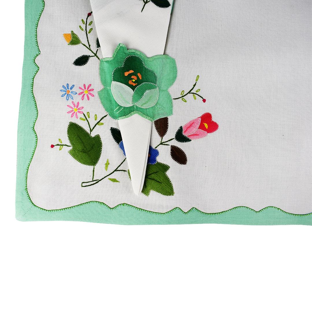 Set of six floral mint green cloth placemats and matching napkins. A wonderful accent to a table setting, each set includes one placemat with a matching napkin. A mint green scalloped edge lines the outside of each placemat. At the bottom left,