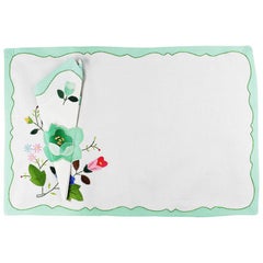 Retro Green Floral Fabric Placemats and Napkins, Set of 6