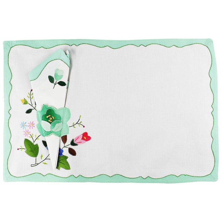 Green Floral Fabric Placemats and Napkins, Set of 6 For Sale at 1stDibs
