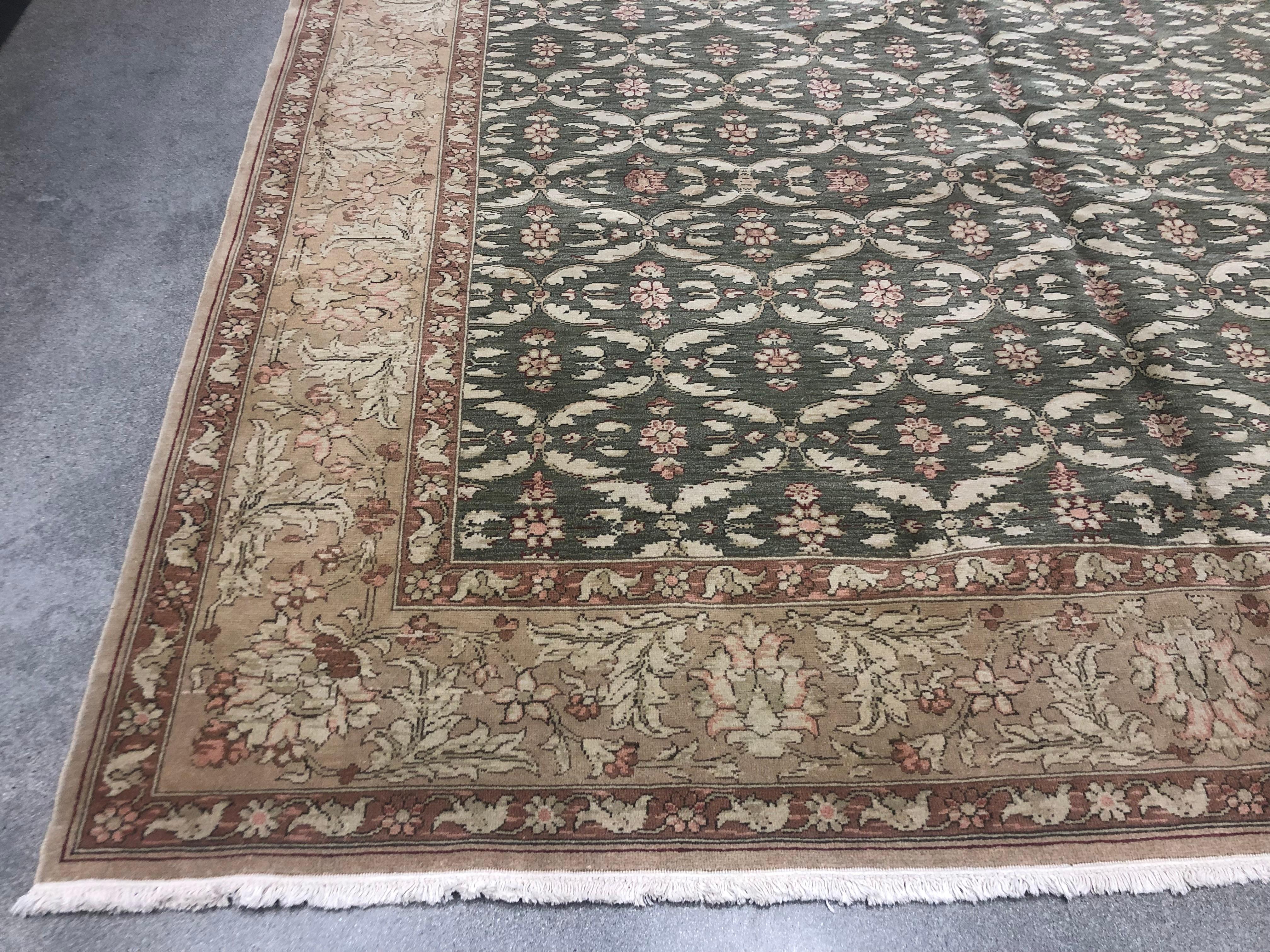 European Green Floral Lattice Rug For Sale