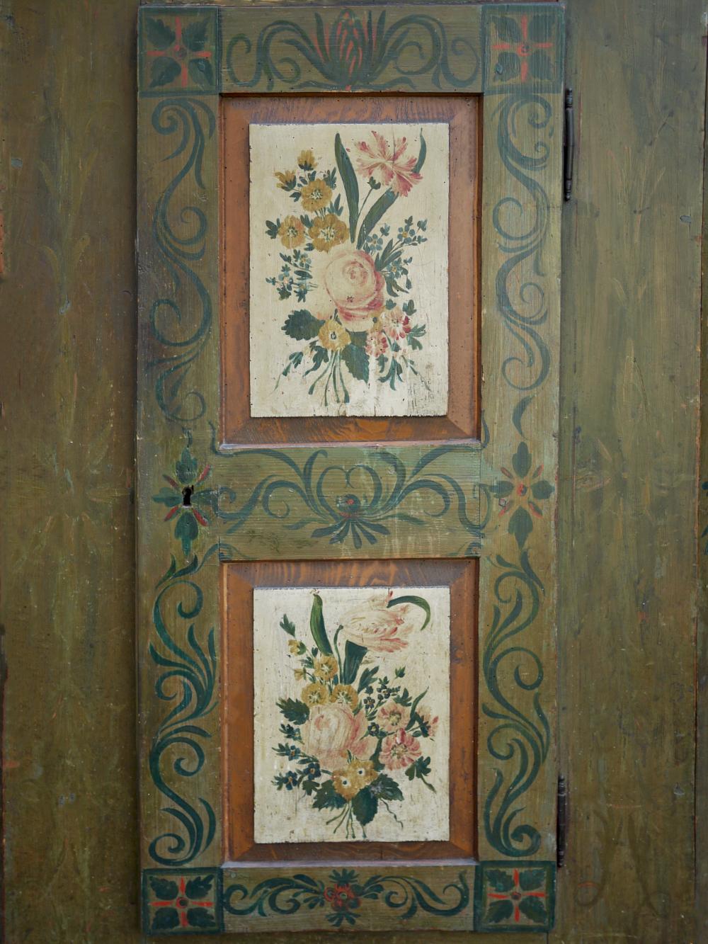 Country Green Floral Painted Cabinet with Roses, 1812, Central Europe