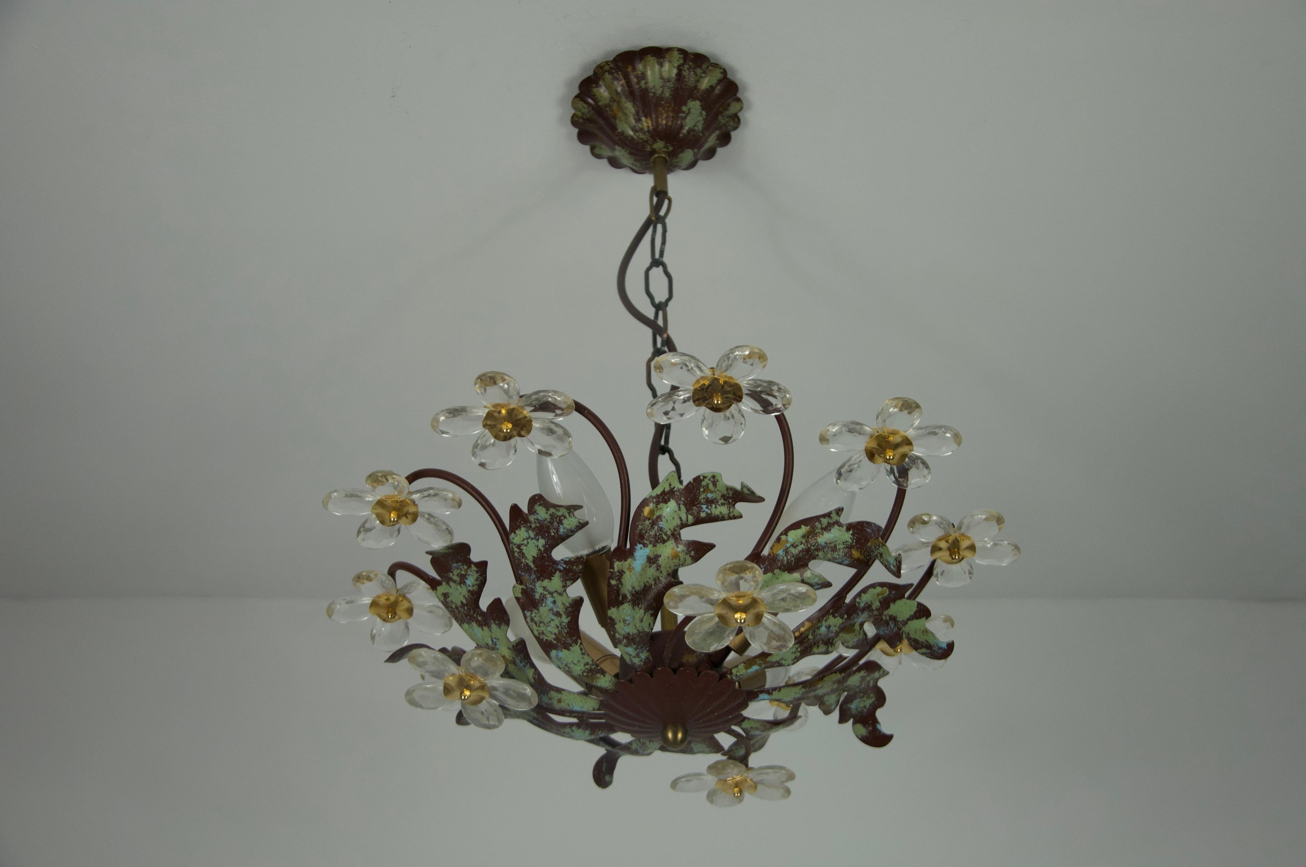 Fatto a mano Green Florentine Flower Shape Ceiling Lamp by Banci Firenze, Italy, 1970s in vendita
