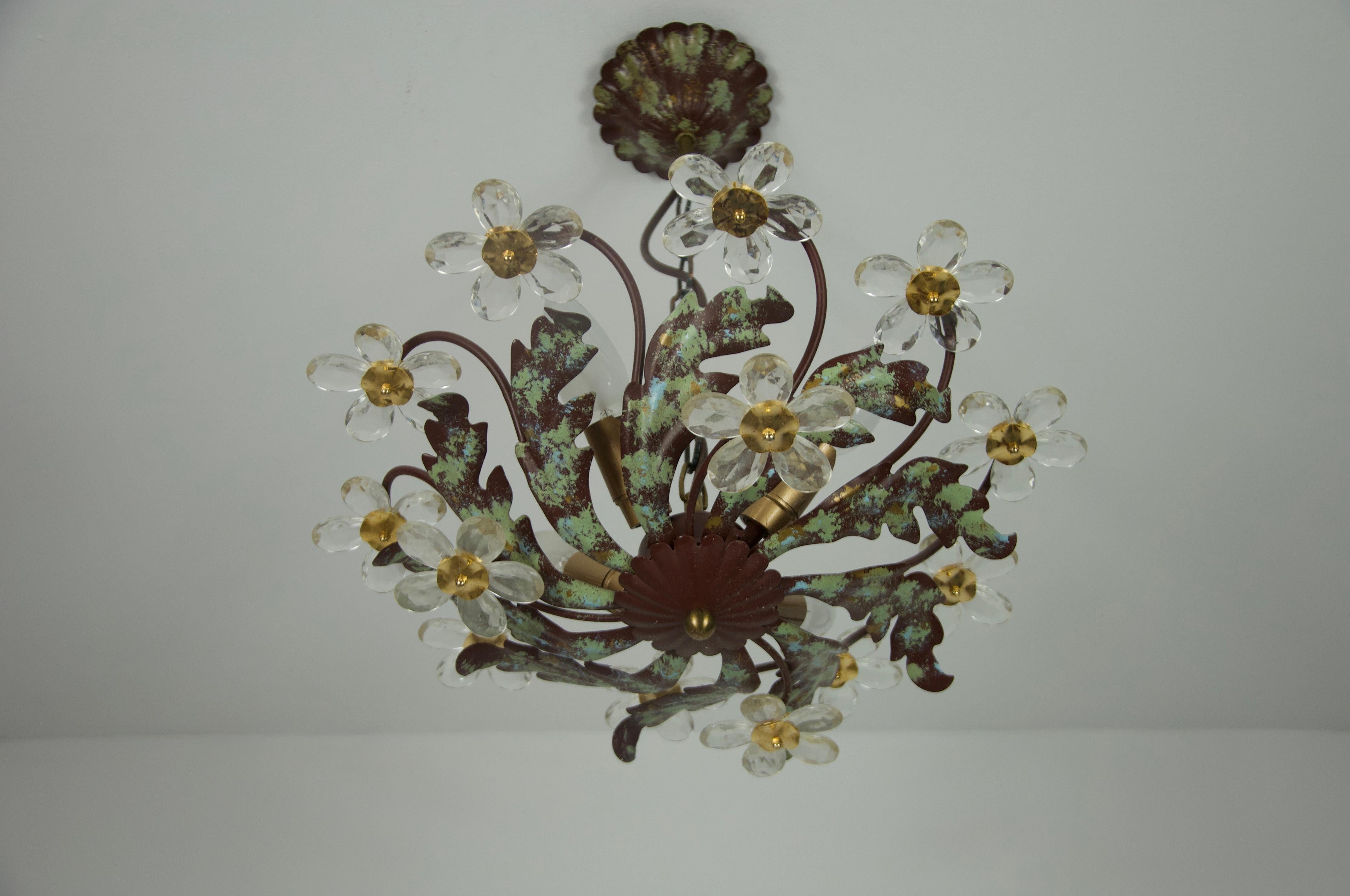 Metallo Green Florentine Flower Shape Ceiling Lamp by Banci Firenze, Italy, 1970s in vendita