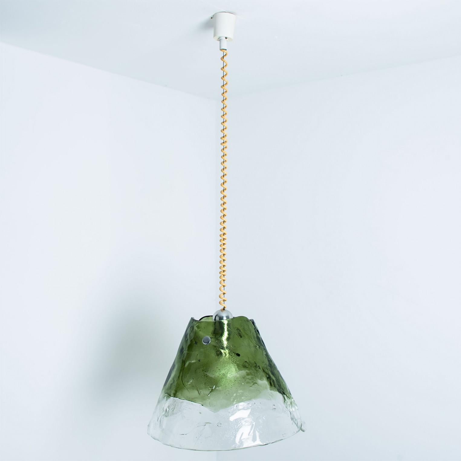 Beautiful flower-like pendant light made by Carlo Nason. Four crystal clear, green, and smoked leaves compose this beautiful piece made in thick handmade Murano glass.

Dimensions:
Diameter: 13,7