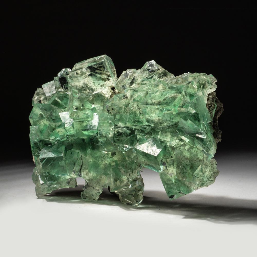 From Xianghualing, Hunan Province, China

Internally clear transparent crystal cluster of vivid green cubic fluorite crystals on matrix. The matrix is clearly visible through the crystals due to clear transparency. The crystals have well defined