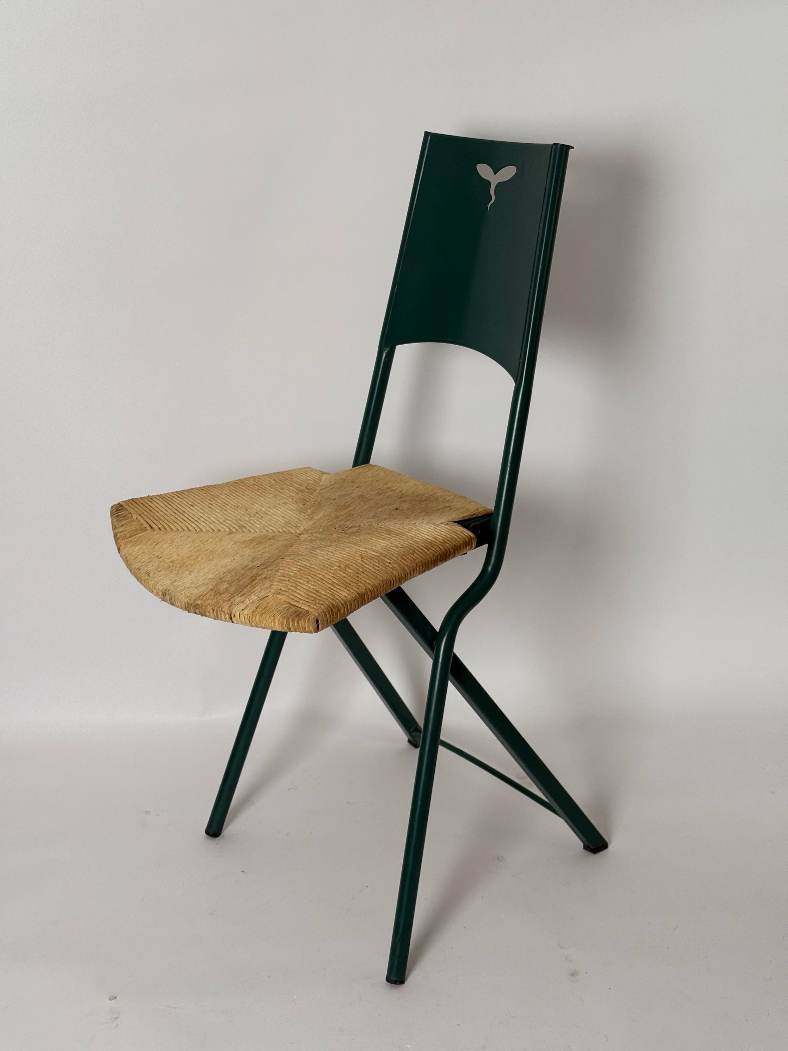 Italian Green Folding Chair Model Mia by Giorgio Cattelan with Rushes  Italy 1980s For Sale