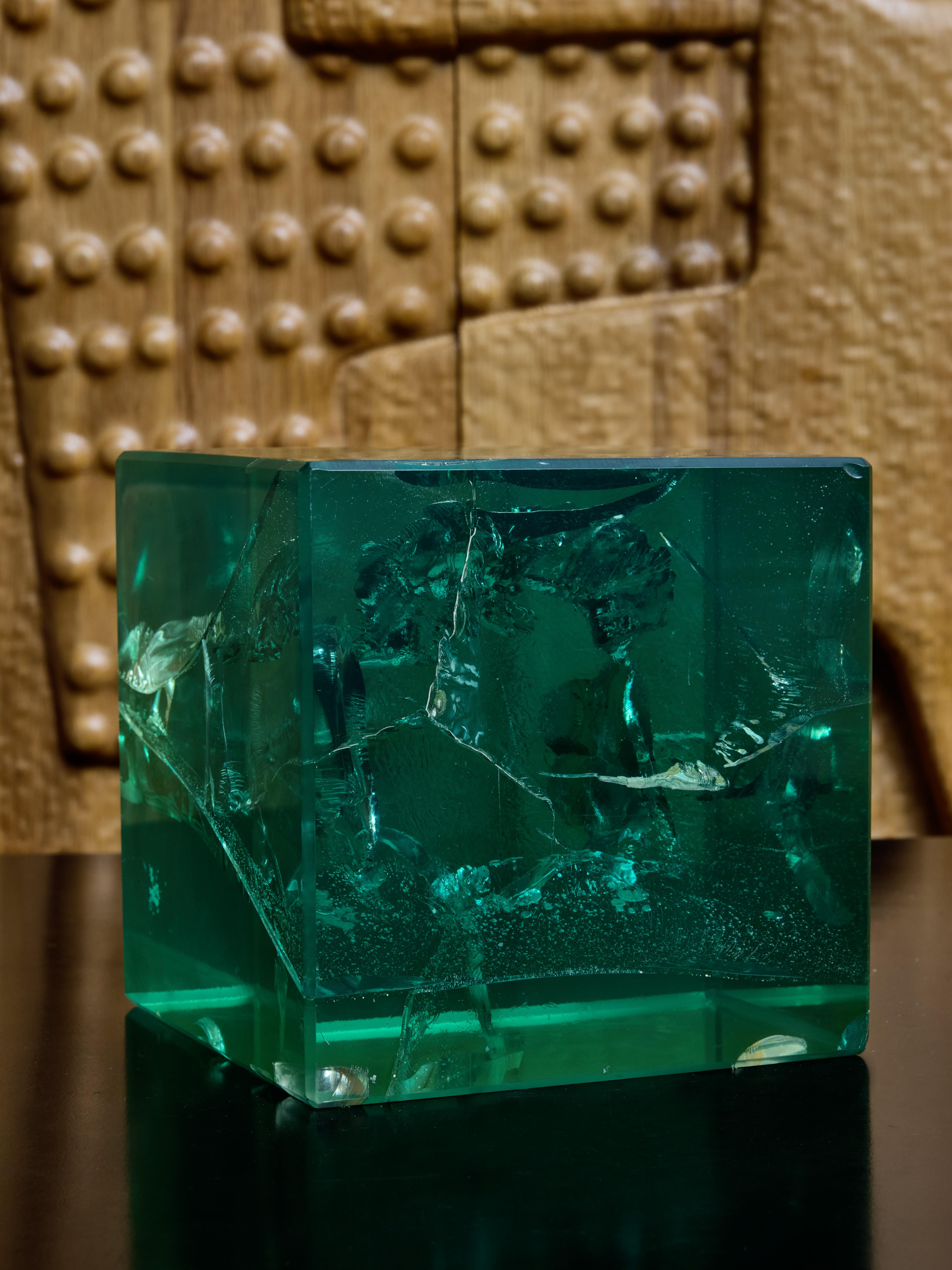 Decorative cube made of green fractal resin