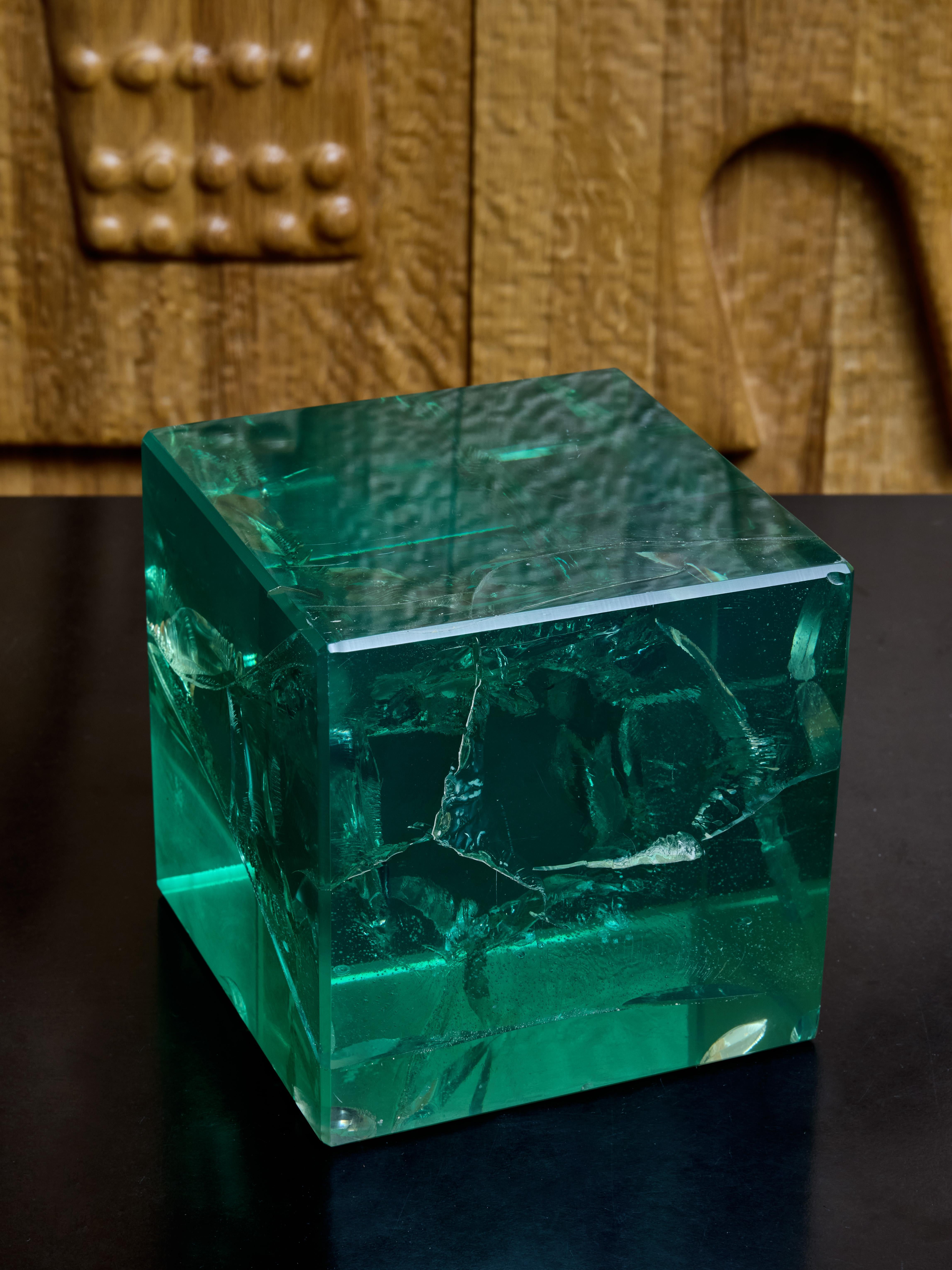 Mid-Century Modern Green Fractal Resin Decorative Cube