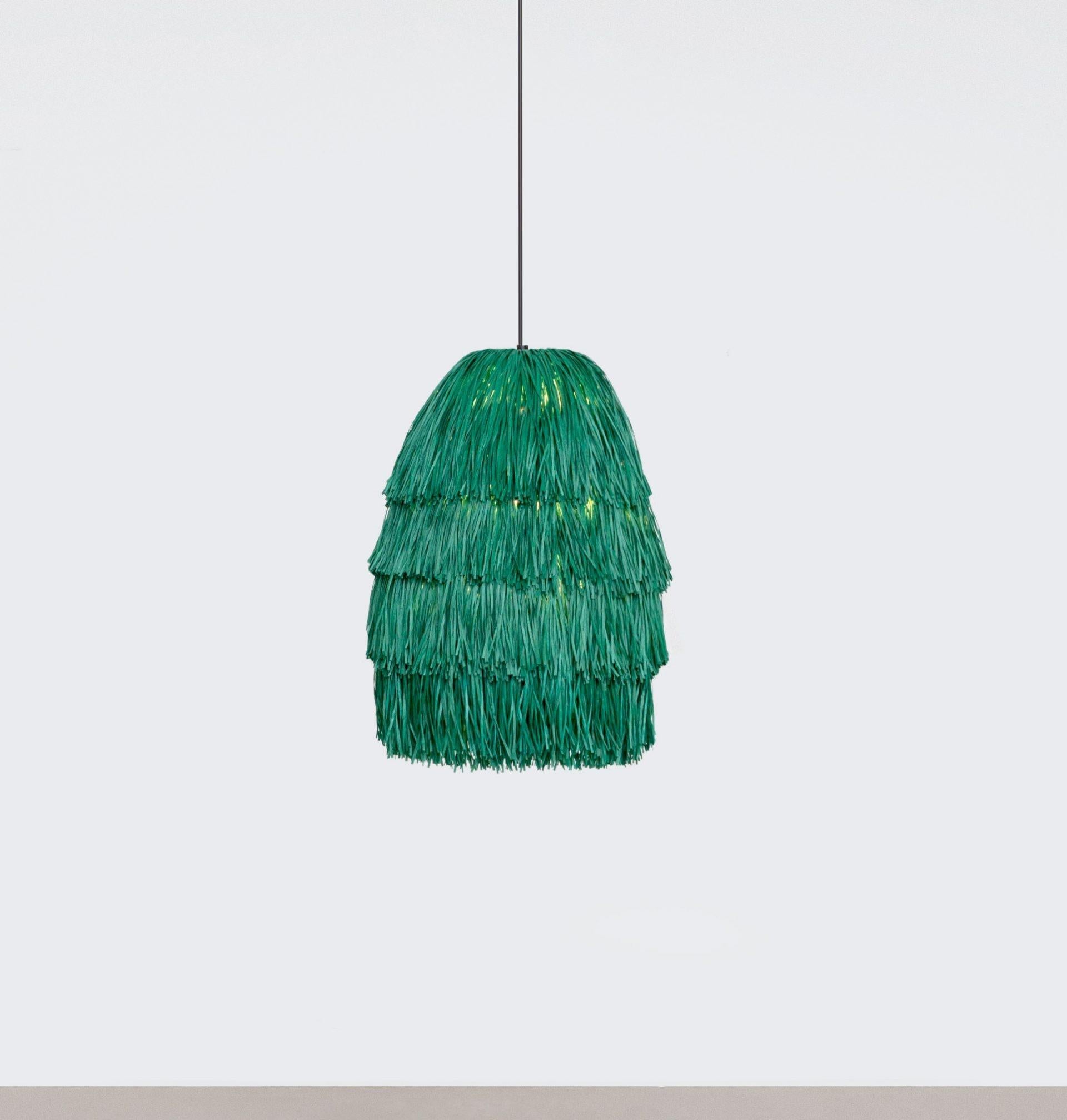 Green Fran M lamp by Llot Llov
Handcrafted Light Object
Dimensions: Ø 45 cm x H 65 cm
Materials: raffia fringes
Also available in green, red, black, beige 

With their bulky silhouette and rustling fringes, the FRAN lights are reminiscent of a
