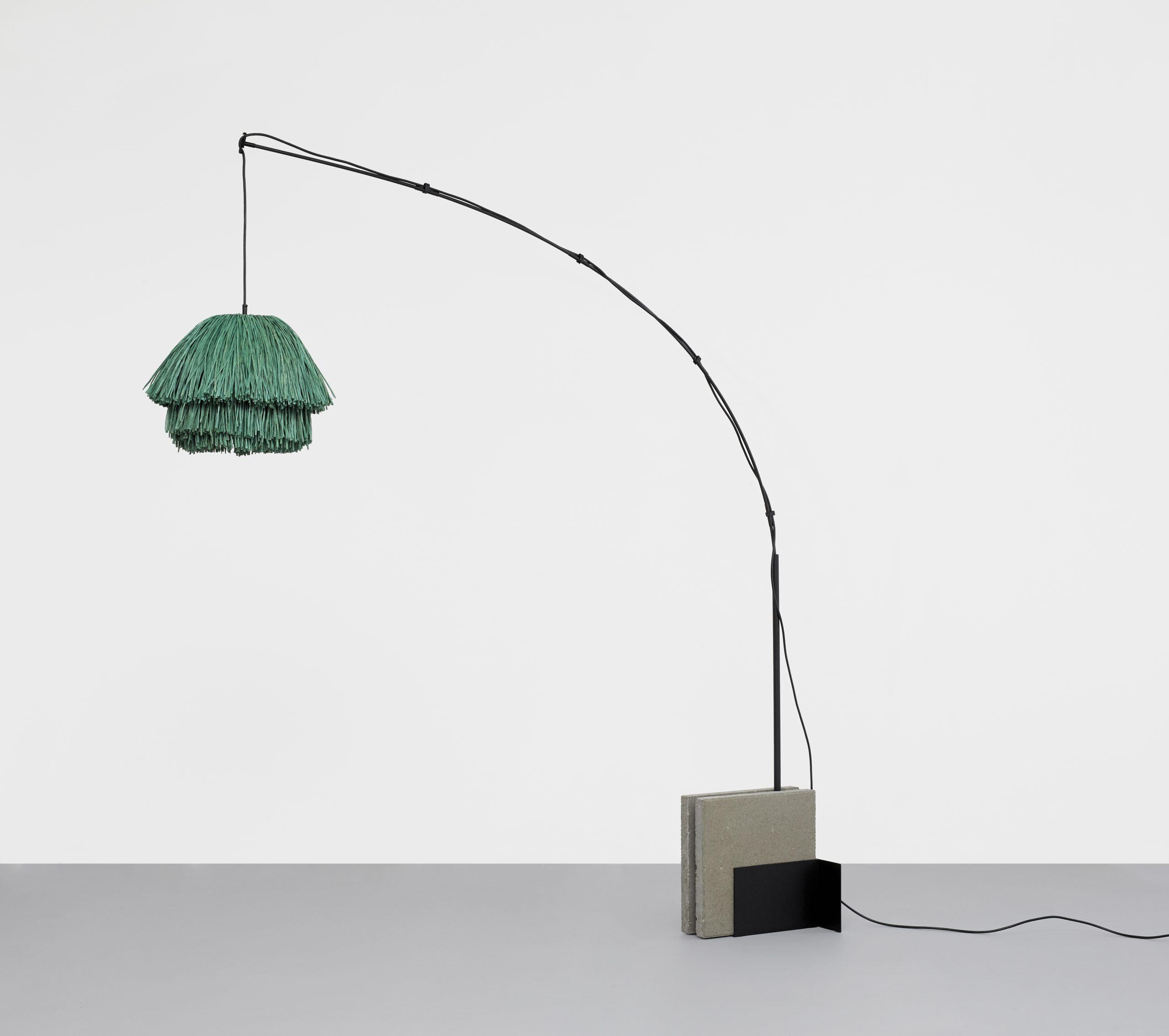 Green Fran S stand floor lamp by Llot Llov
Handcrafted light object
Dimensions: D 40 x W 205.8 x H 250 cm
Materials: raffia fringes, glass fiber, steel, concrete
Colour: green
Also available in beige, coral, black.

Another member of the FRAN