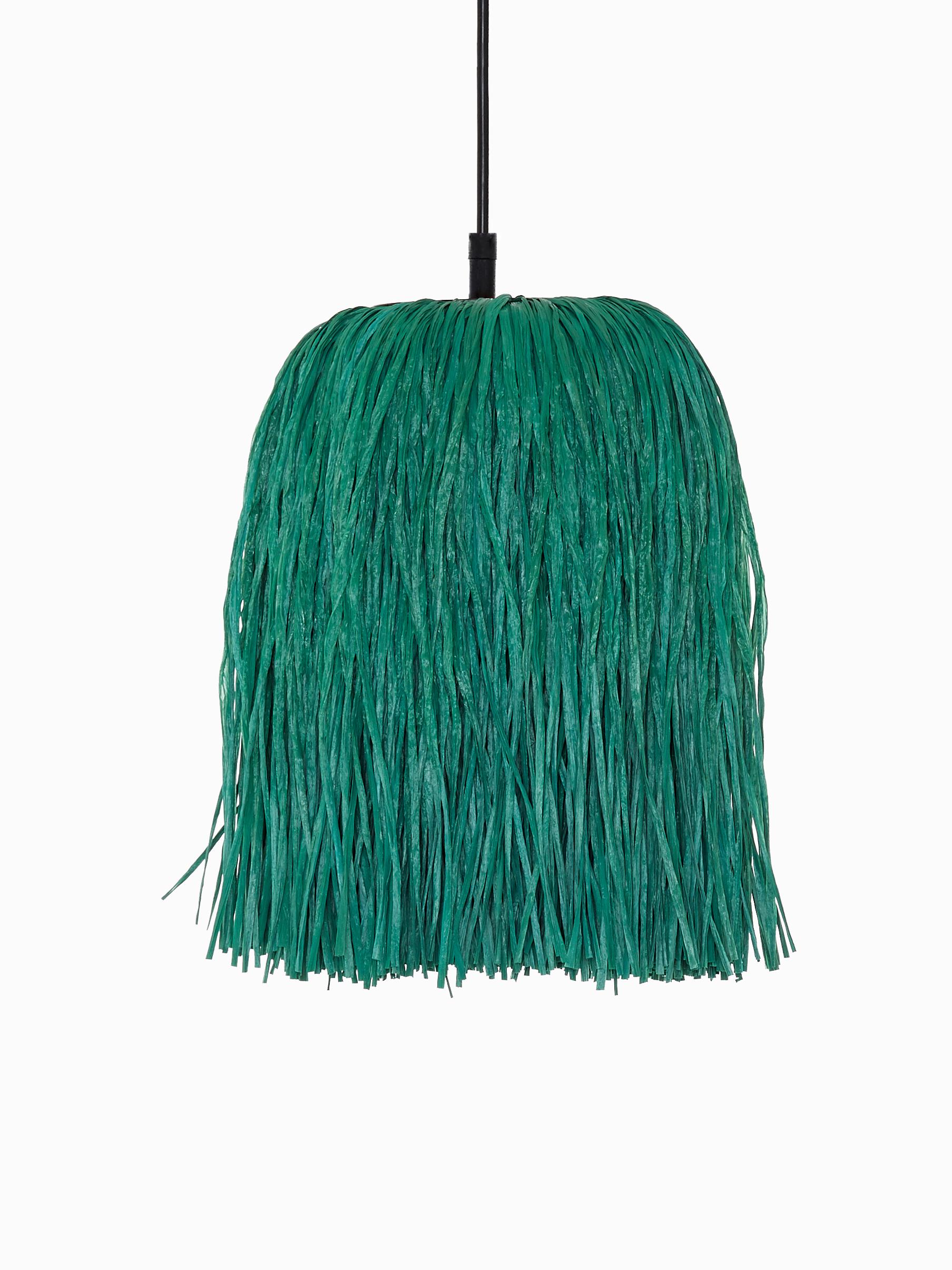 Green Fran XS lamp by Llot Llov
Handcrafted Light Object
Dimensions: Ø 24 cm x H 30 cm
Materials: raffia fringes
Also available in green, red, black, beige 

With their bulky silhouette and rustling fringes, the FRAN lights are reminiscent of