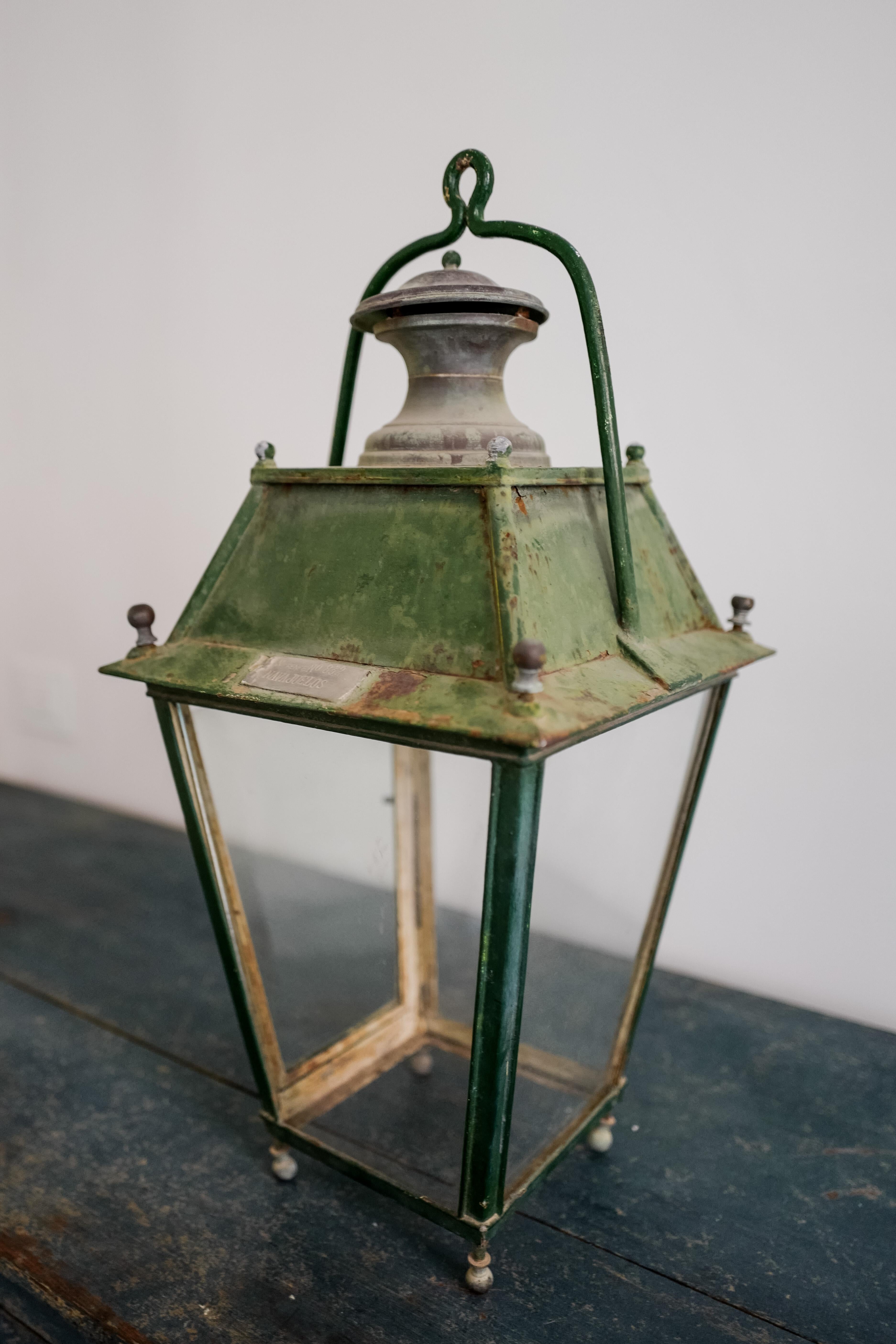Painted 19th Century French Green Lantern Pendant For Sale