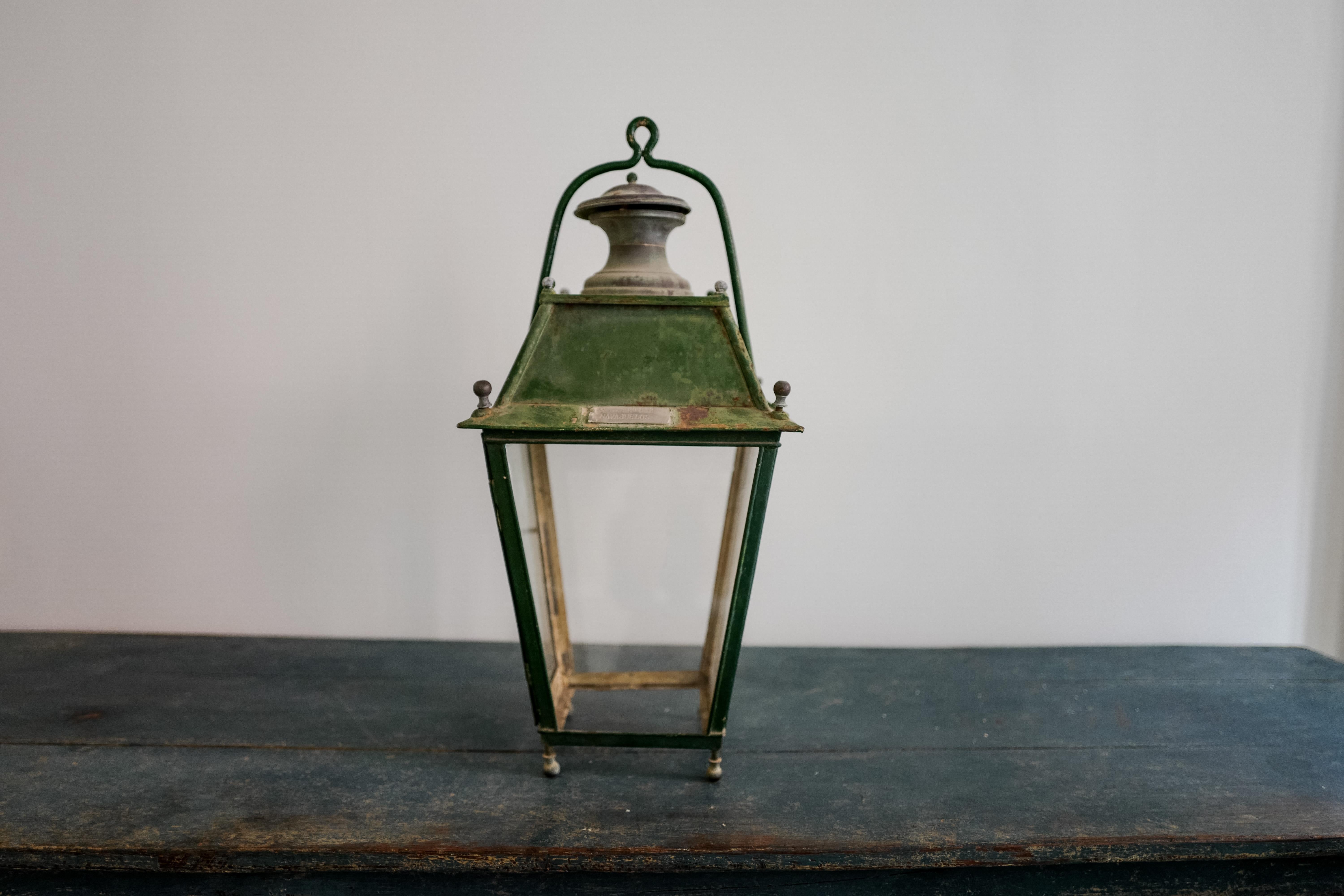 Metal 19th Century French Green Lantern Pendant For Sale