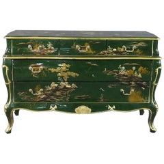 Green French Louis XV Style Chinoiserie Paint Decorated Commode Dresser