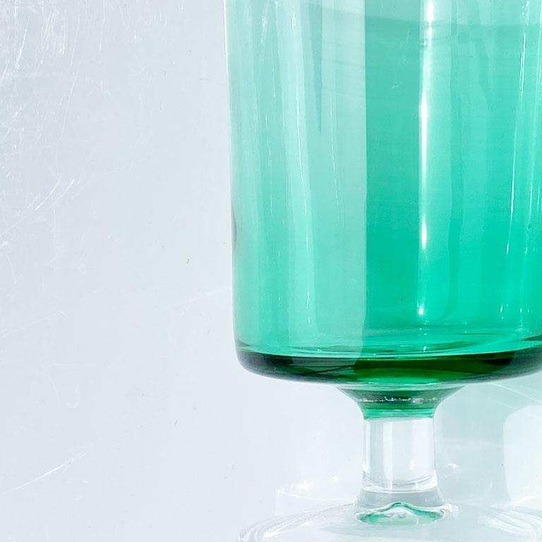 A set of French 7 emerald green cordial glasses by Luminarc. Marked at the bottom 