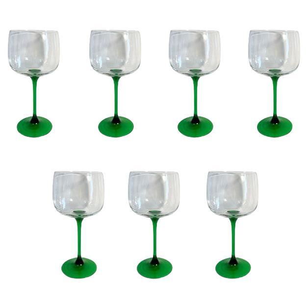 Green French Luminarc Wine Glasses Set of 7, 1970s, France For Sale