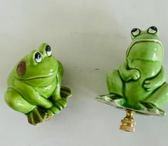 Green Frogs Japanese Ceramic Lamp Finials Pair