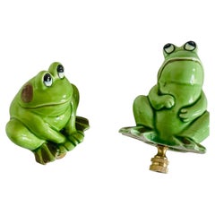 Green Frogs Japanese Ceramic Lamp Finials Pair