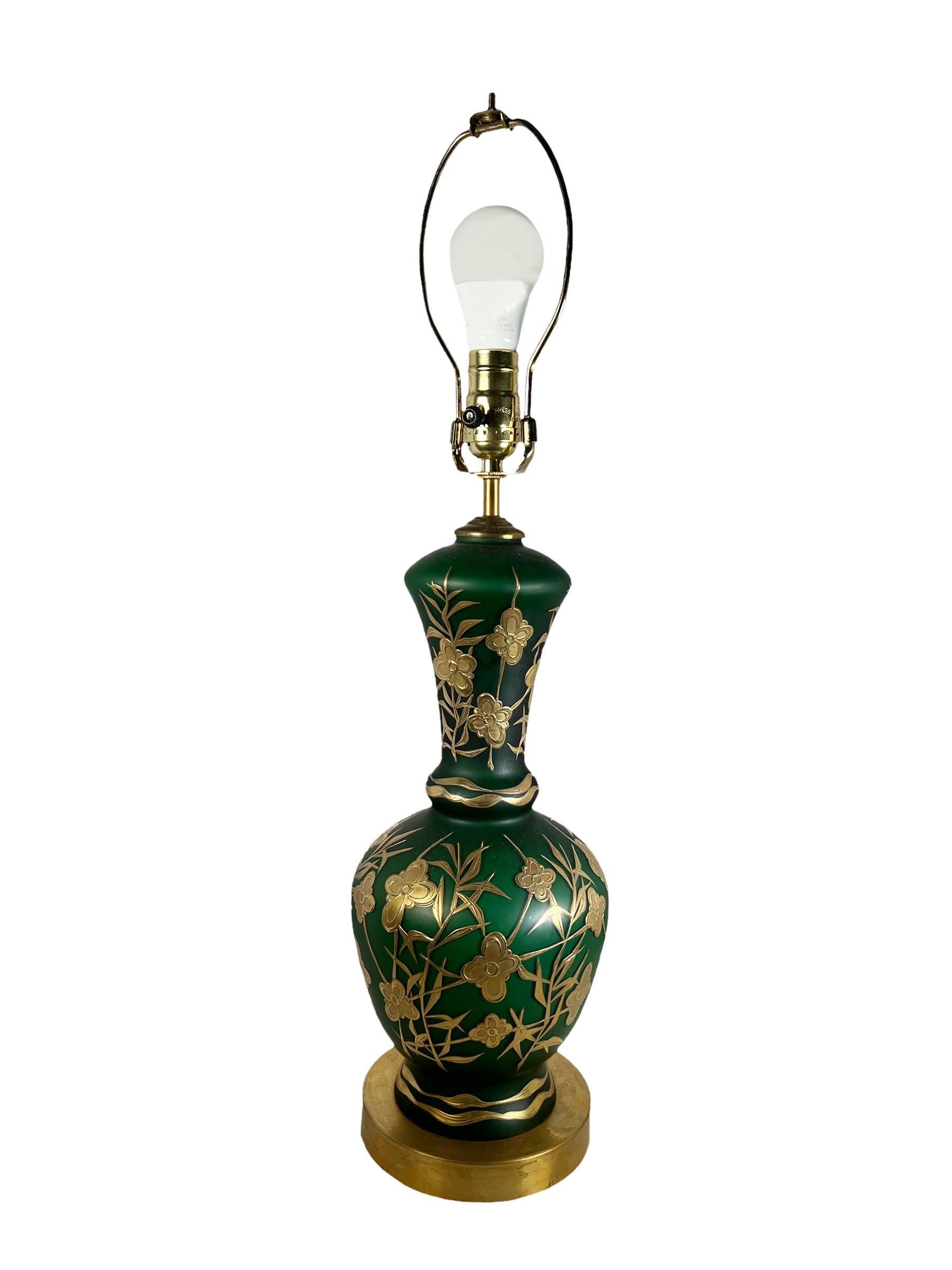 French Green Frosted Glass Lamps - A Pair For Sale