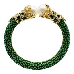 Green Galuchat Skin Bangle Bracelet with Pearls, White Zirconias, Gold-Plated