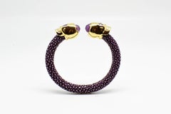 Green Galuchat Skin Bangle Bracelet with Skull Gold-Plated & Amazonites