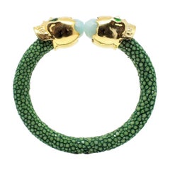 Green Galuchat Skin Bangle Bracelet with Skull Gold-Plated & Amazonites