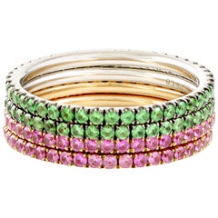 Green Garnet and Pink Sapphire Gold Band Rings
