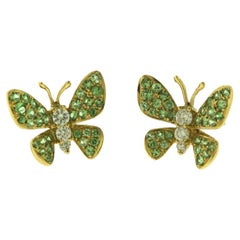 Green Garnet and Round Diamond 18 Karat Gold Butterfly Stud Earrings