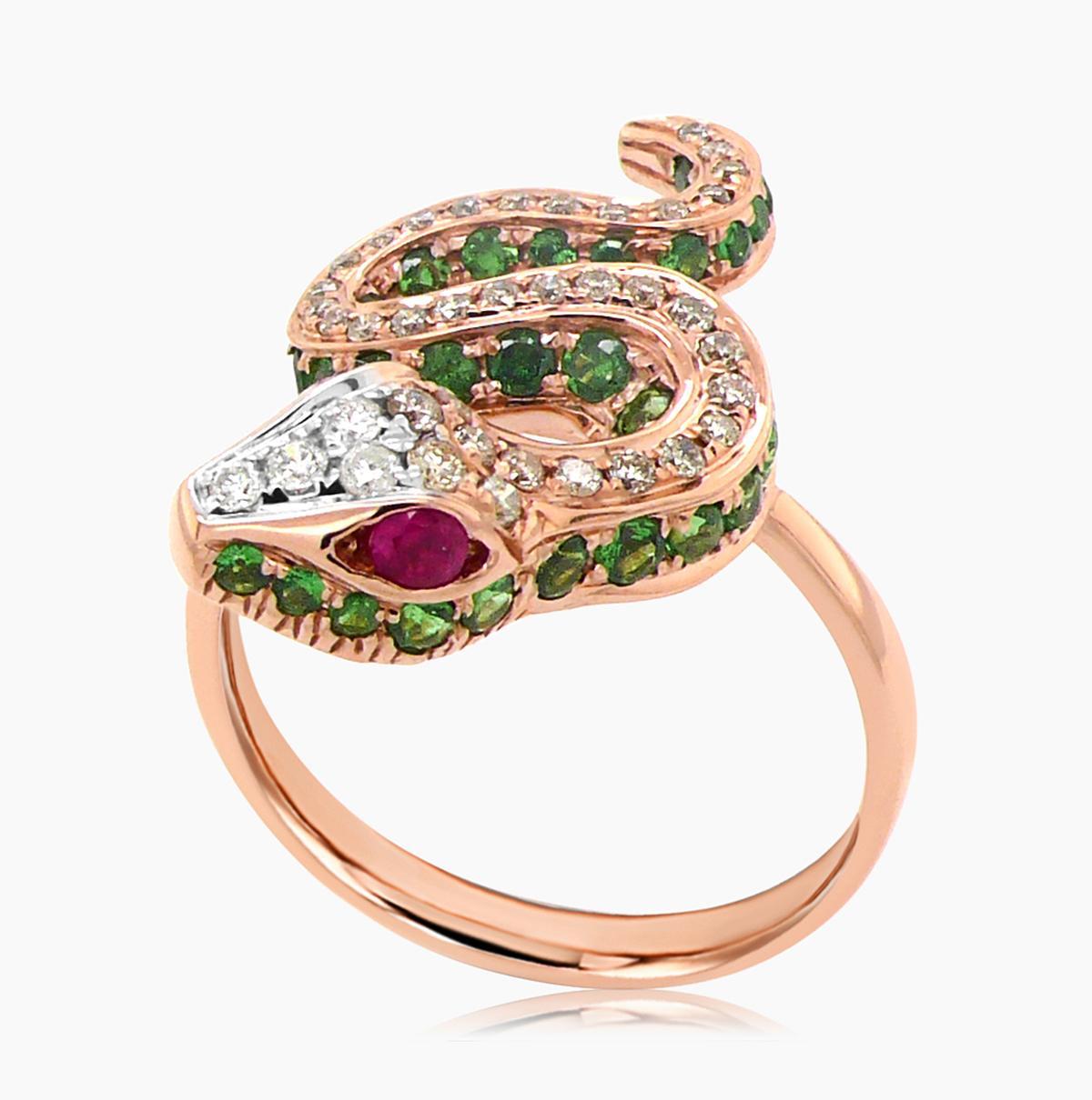 Dimensions: 2.00x2.20x2.50cm
Color: 18K Rose Gold

35 Brown Diamonds 0.25 CT
4 White Diamonds 0.06 CT
49 Green Garnet 0.80 CT
2 Ruby 0.09 CT
13.88 GM 

18K Gold & Precious Diamond & Gemstone Jewelry
Our Jewelry Collections celebrate artistry,