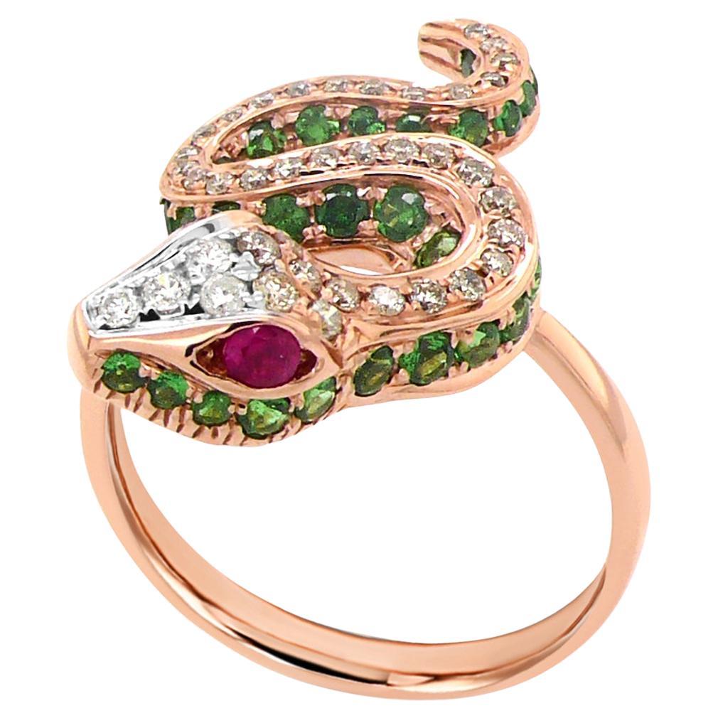 Green Garnet & Brown Diamond 18K Rose Gold Snake Ring For Sale