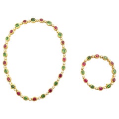 Green Garnet, Diamond and Ruby Parure in 18 Karat Yellow Gold