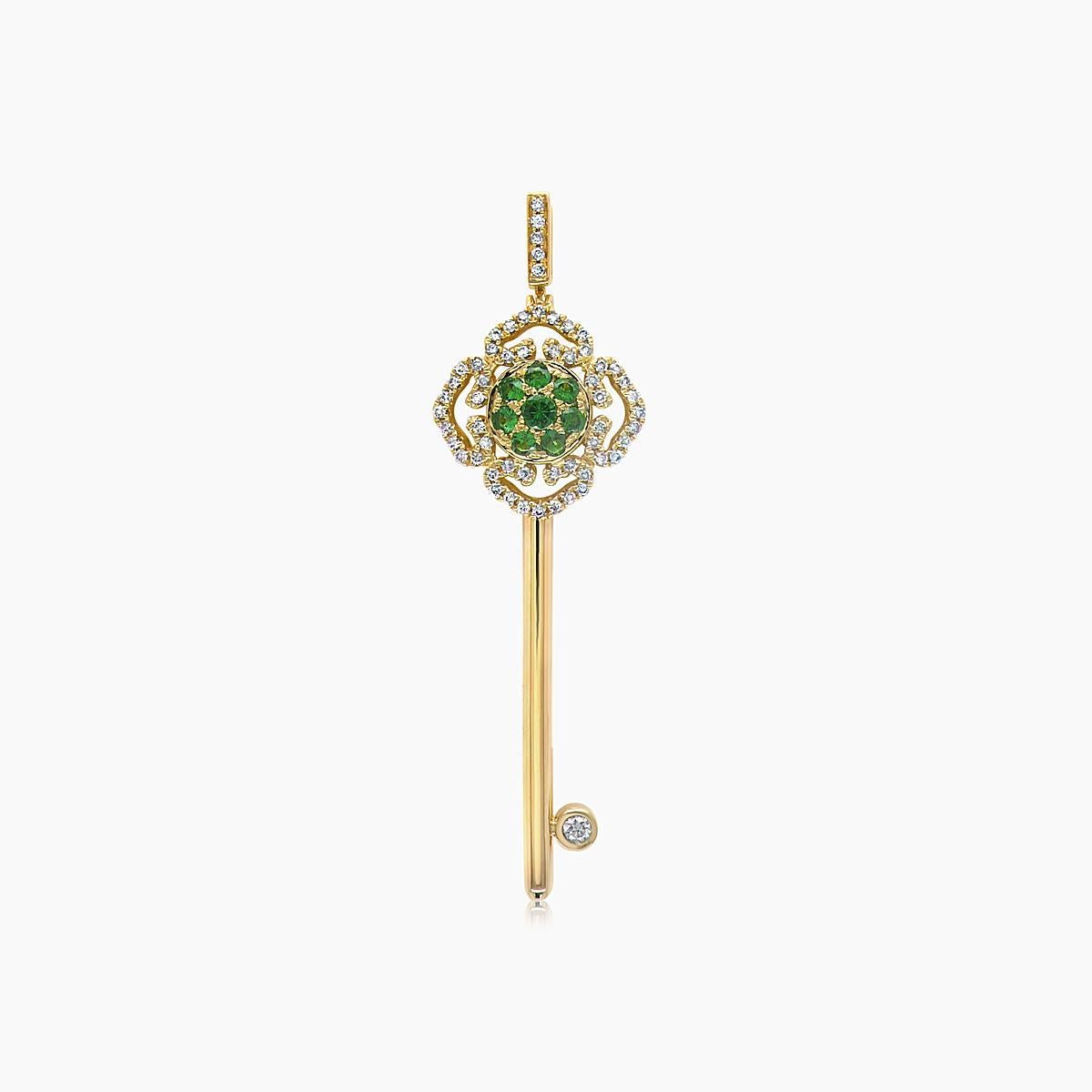 Mixed Cut Green Garnet & Fancy Diamond Floral Flower 18K Yellow Key Pendant For Sale
