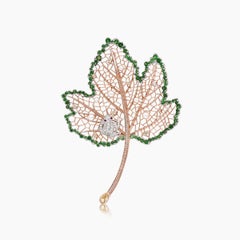 Green Garnet Ruby & Diamond 18K Rose Gold Leaf Frog Brooch