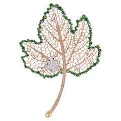 Green Garnet Ruby & Diamond 18K Rose Gold Leaf Frog Brooch