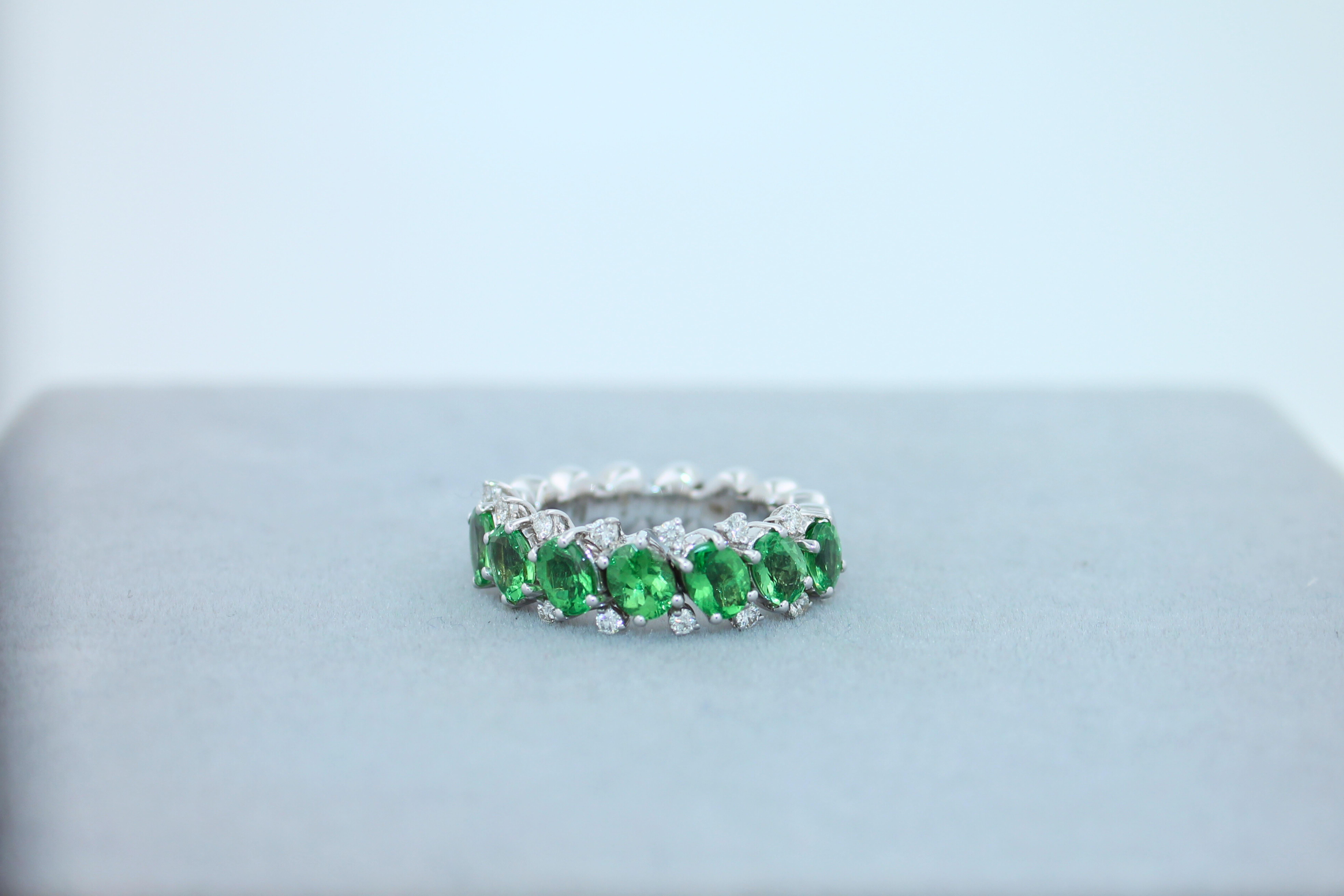 Modern Green Garnet Tsavorite Eternity Diamond Band 18 Karat White Gold Unique Ring For Sale