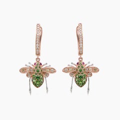 Green Garnet & White Diamond Pave Bee 18K Rose Gold Statement Animal Earrings