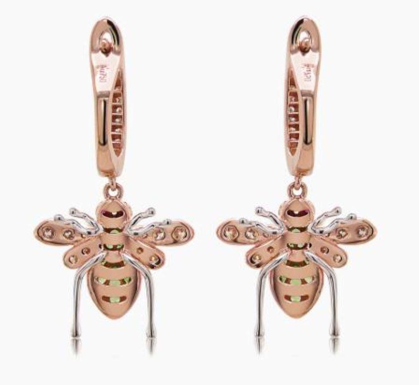 Mixed Cut Green Garnet & White Diamond Pave Bee 18K Rose Gold Statement Animal Earrings For Sale