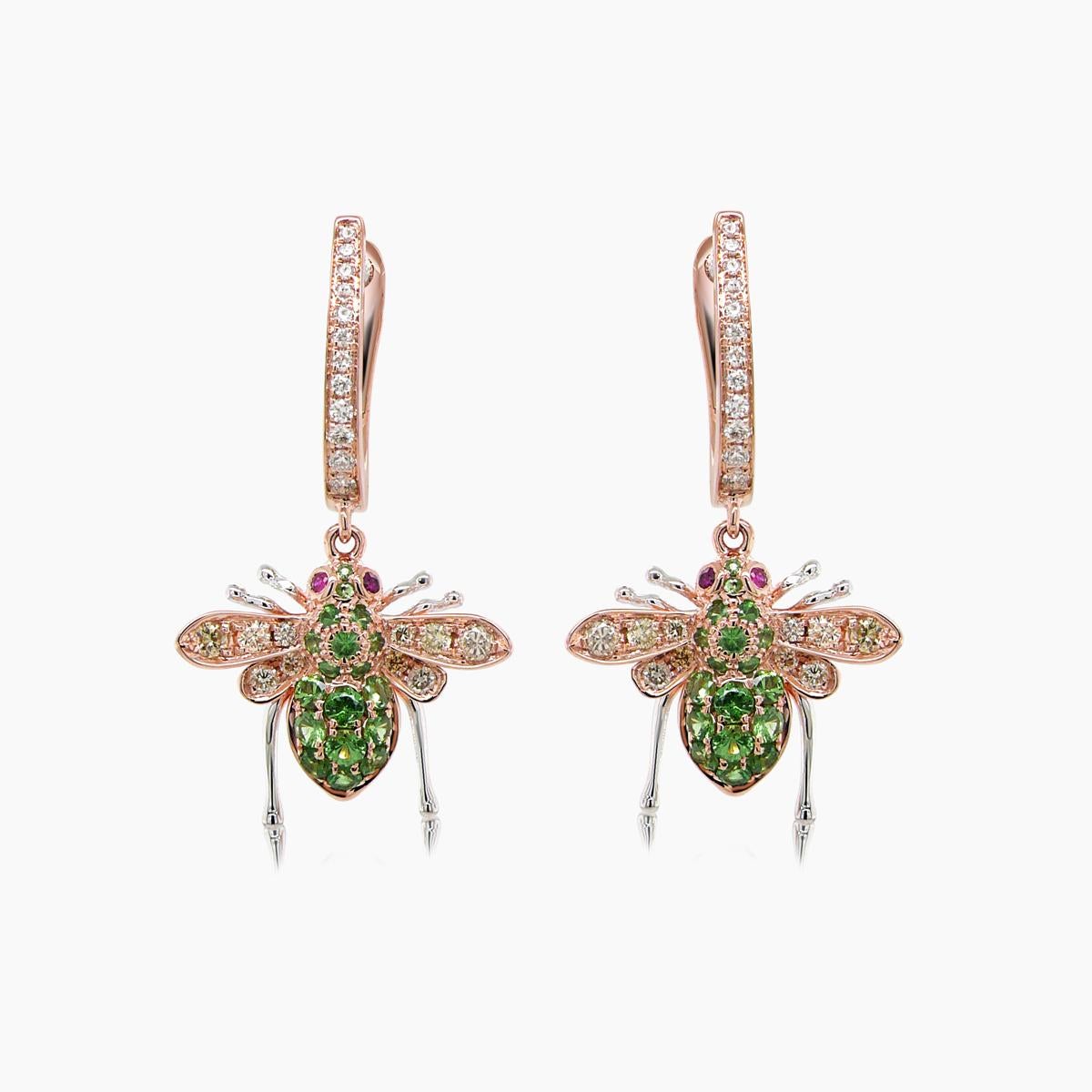 Green Garnet & White Diamond Pave Bee 18K Rose Gold Statement Animal Earrings In New Condition For Sale In Oakton, VA