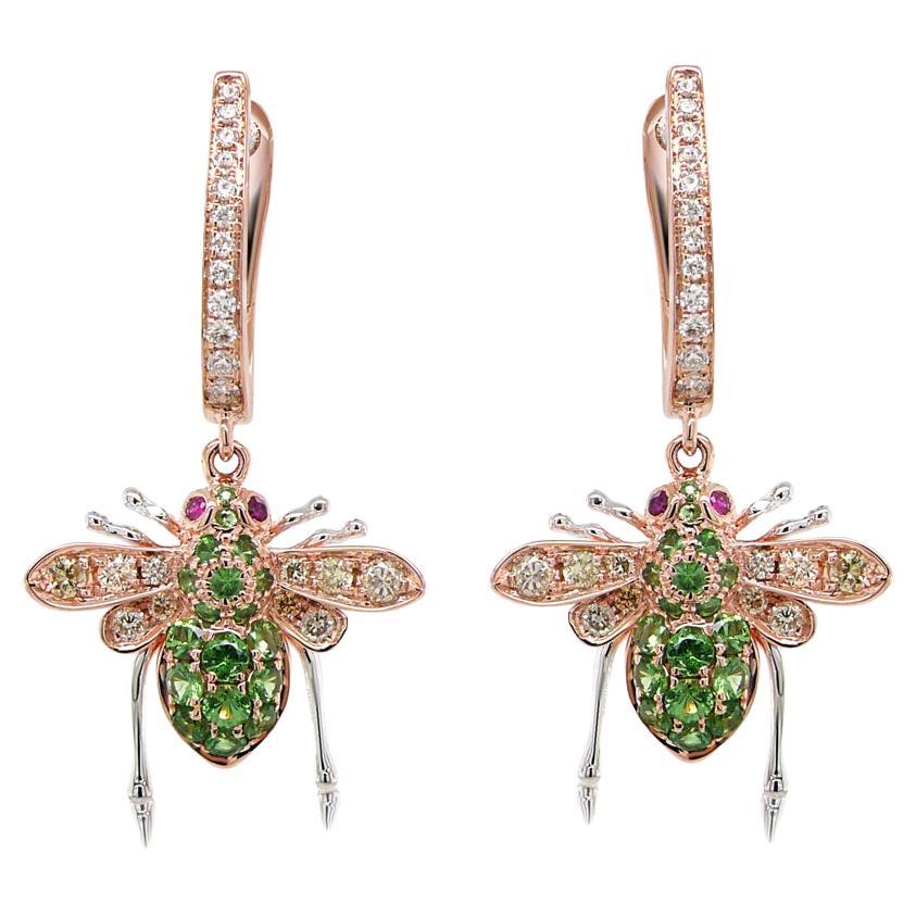 Green Garnet & White Diamond Pave Bee 18K Rose Gold Statement Animal Earrings For Sale