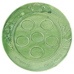 Antique Post World War II Green Gazed Earthenware Passover Seder Plate