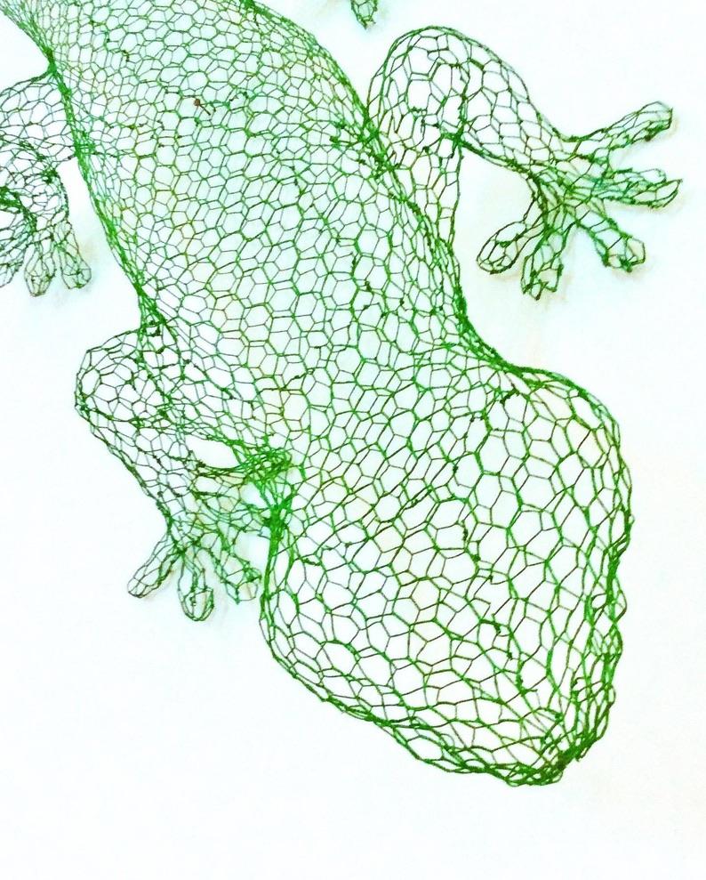 Hand-formed wire sculpture of a gecko, finished in bright green enamel paint.
He/she (?) is at home on the floor, bookcase shelf, or any surface and can easily be mounted on a wall.
