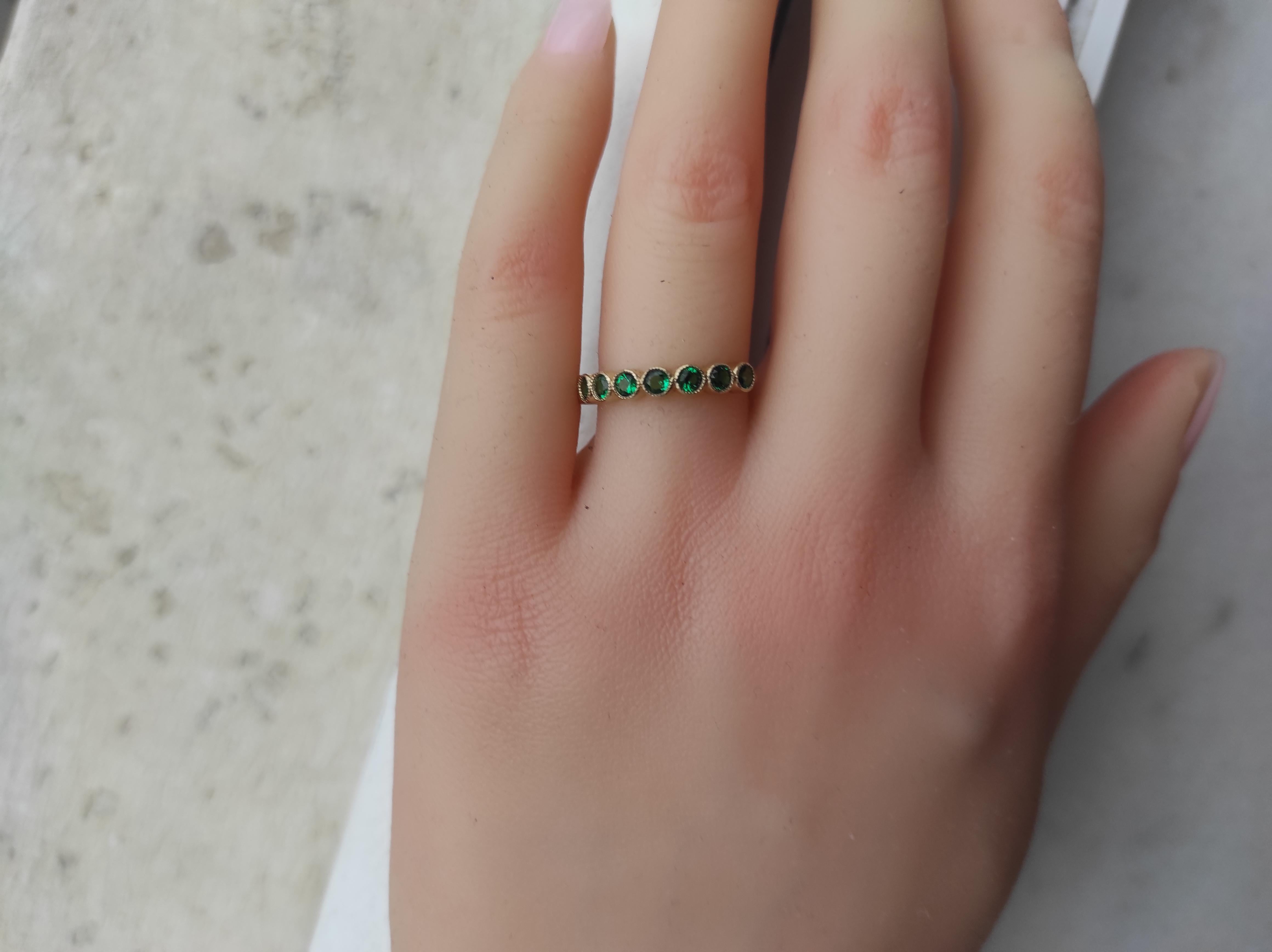 Green gem half eternity 14k gold ring. For Sale 2