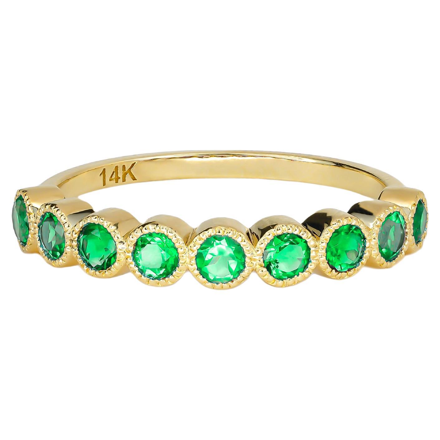 Green gem half eternity 14k gold ring. For Sale