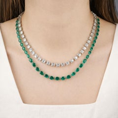 Green Gemstone and Diamond Multi Strand Wedding Necklace 18 Karat White Gold