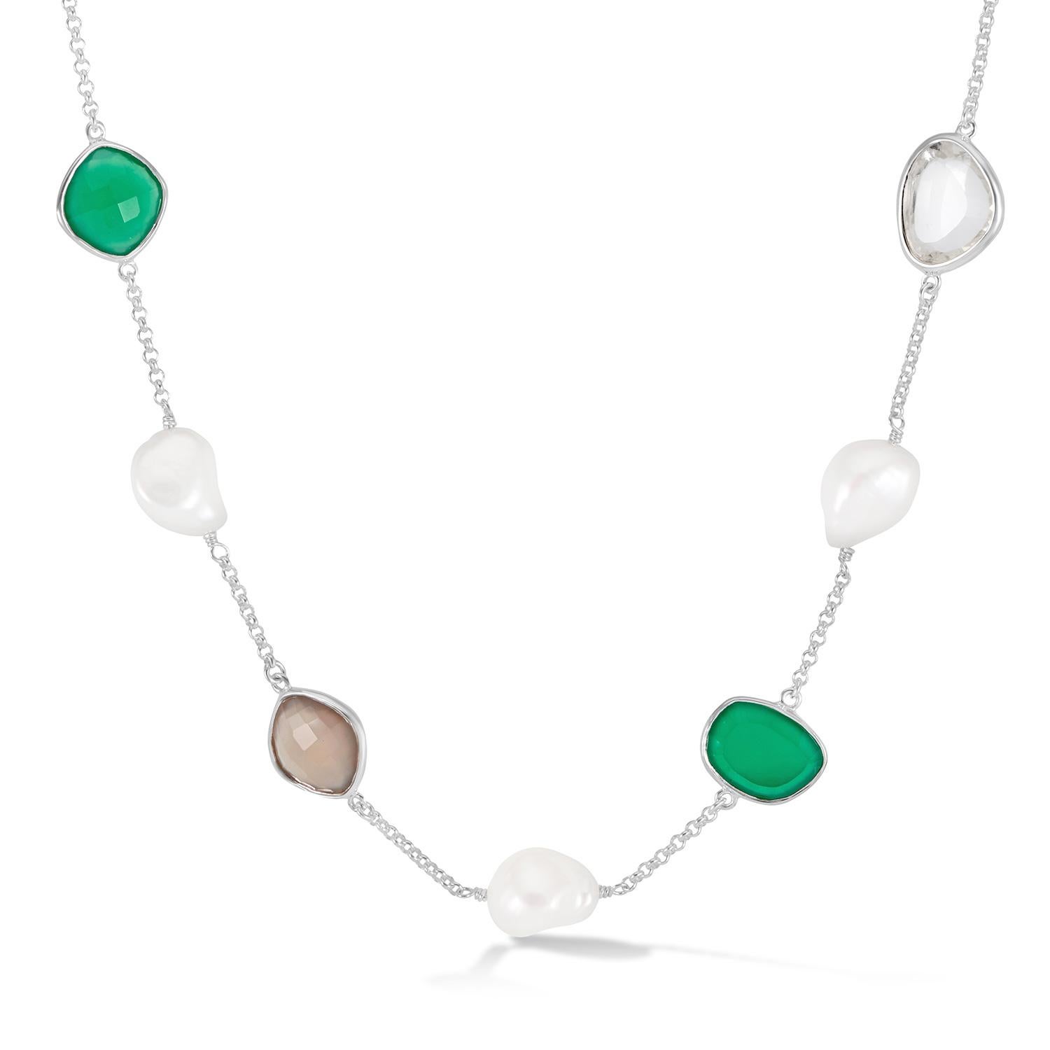 Handcrafted in sterling silver, this chain necklace is adorned with five white baroque pearls and four faceted gemstones in a mix of green onyx, grey agate, lemon quartz and rock crystal. Baroque pearls are naturally irregular in shape and known for