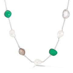 Green Gemstone & Baroque Pearl Pebble Necklace In Sterling Silver