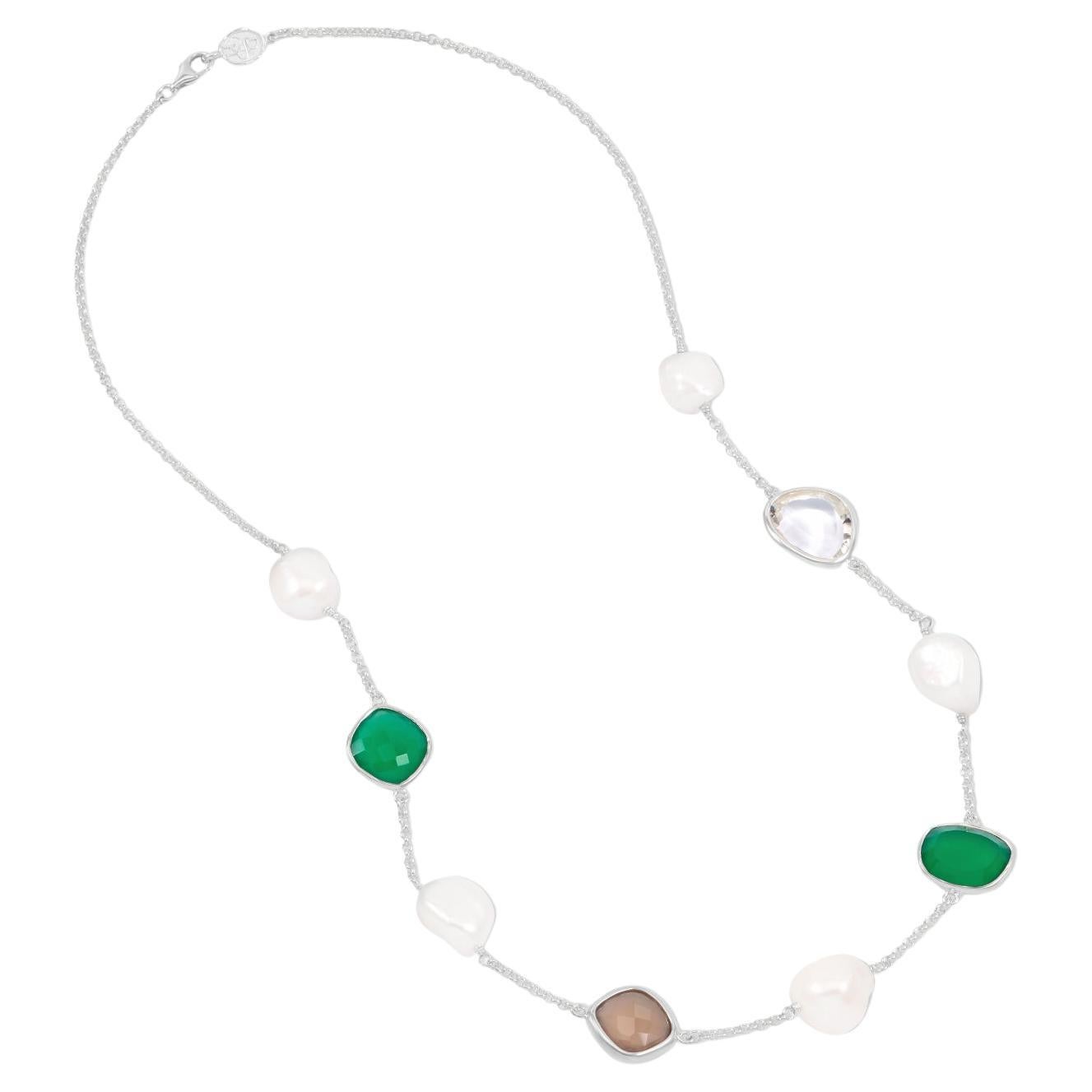 Green Gemstone & Baroque Pearl Pebble Necklace In Sterling Silver For Sale